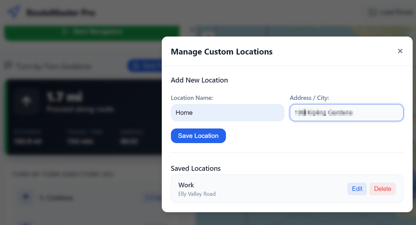 Manage Custom Locations dialog for saving recurring delivery addresses in RouteMaster Pro