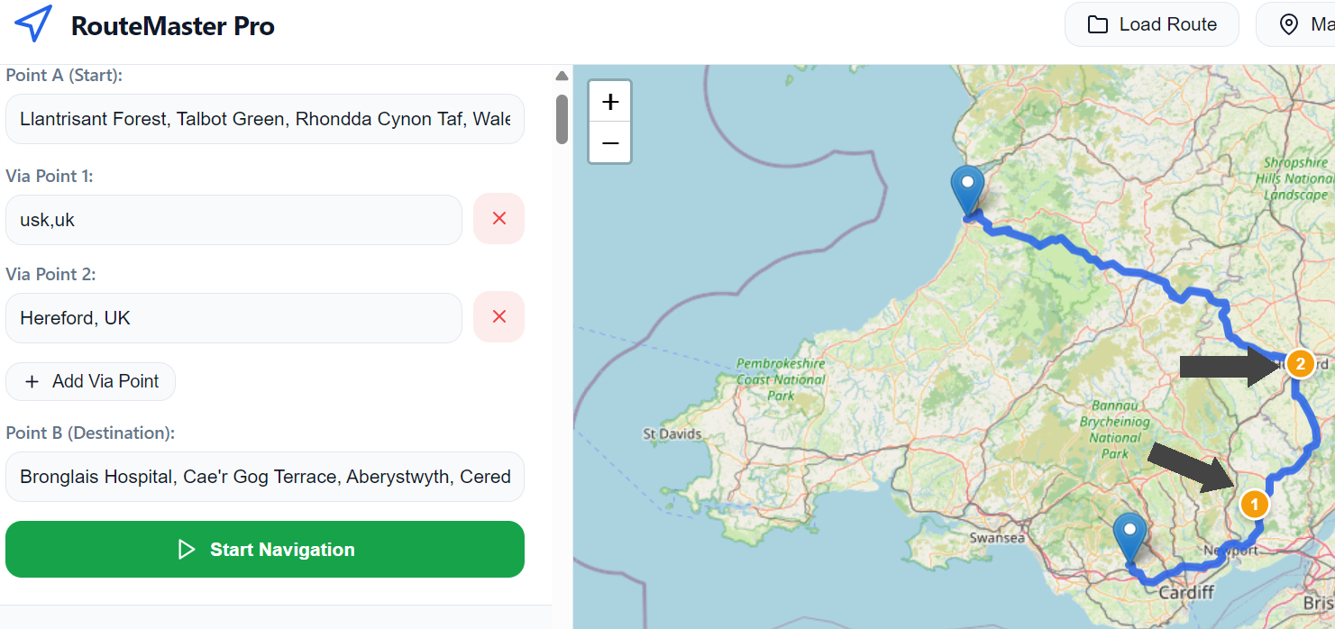 Delivery Route Planner with a start point, via stops, destination and numbered route markers on a map