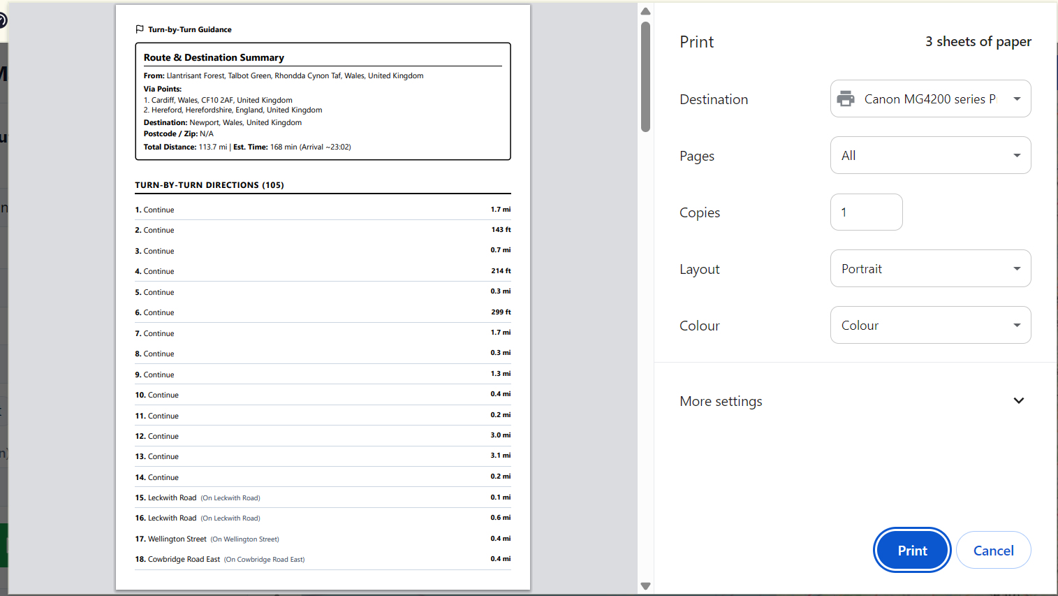 Printable delivery route summary and turn-by-turn directions