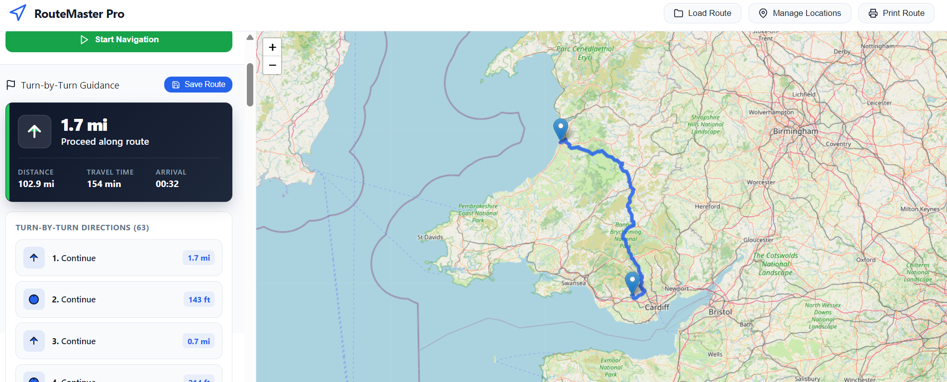 RouteMaster Pro showing a multi-stop route, route summary and turn-by-turn delivery guidance
