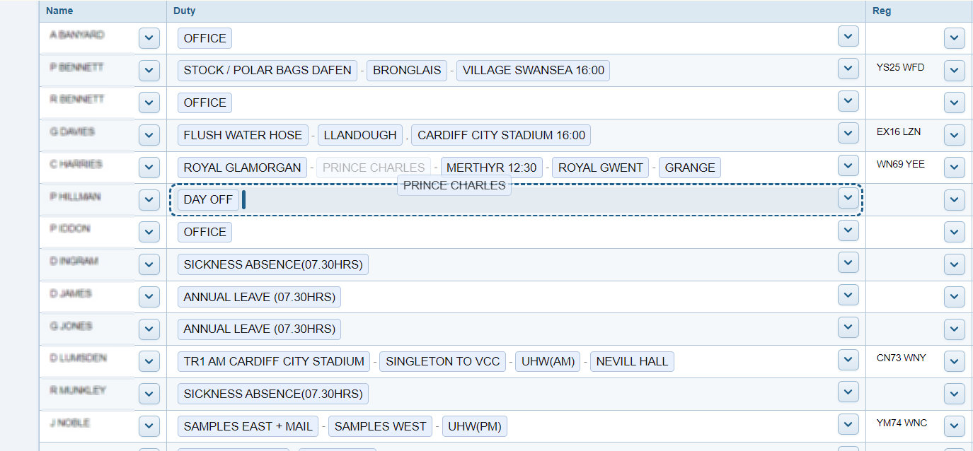 Custom driver duty controls in the Driver Rota Manager
