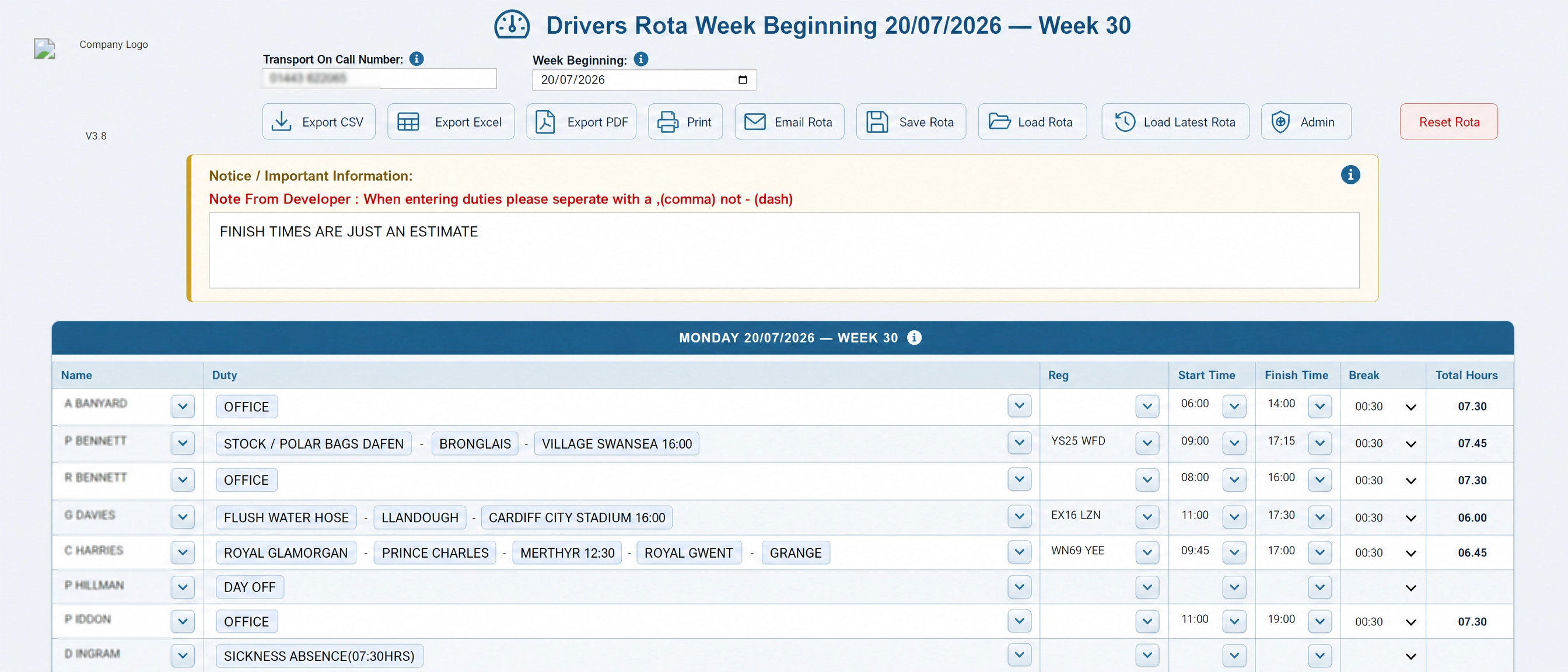 Weekly driver rota workspace showing driver schedules, duties and vehicle assignments