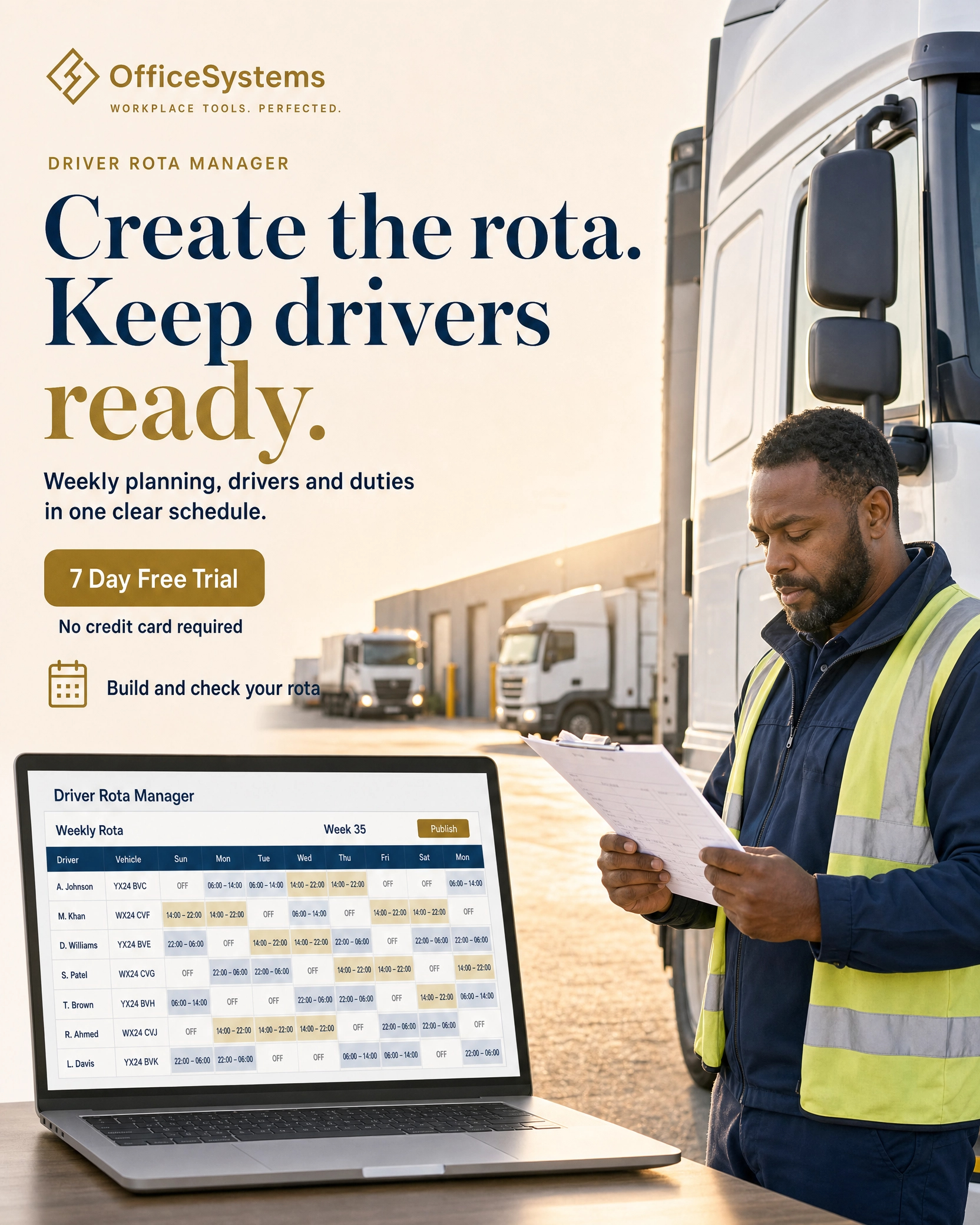 Driver Rota Manager software for creating custom weekly driver schedules