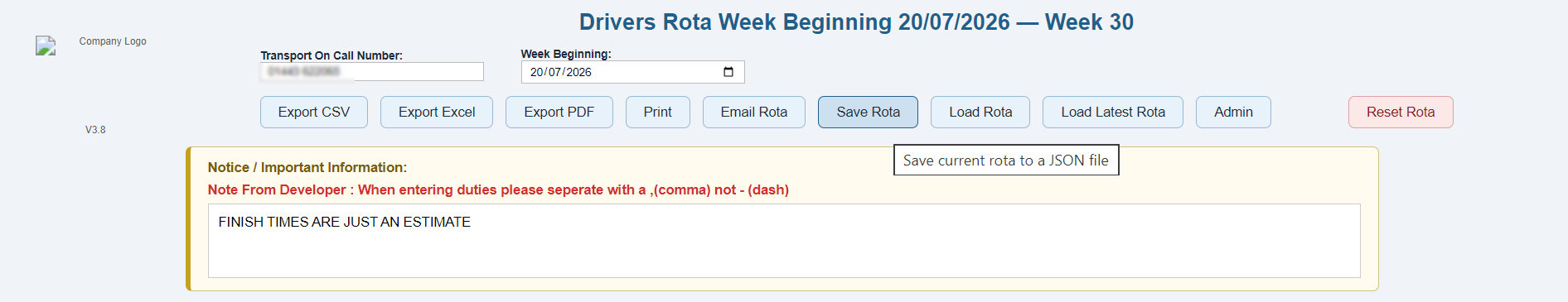 Export and print options for a weekly driver rota