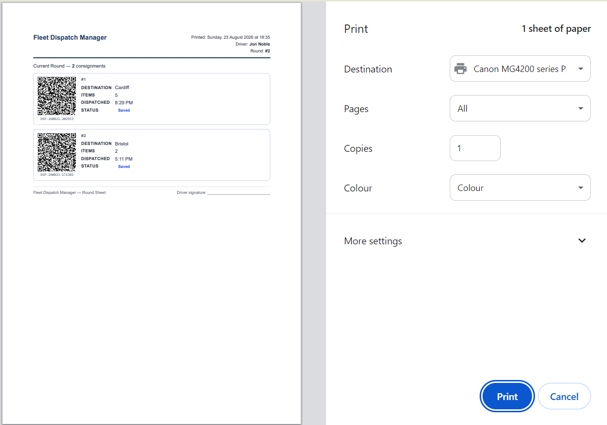 QR code delivery dispatch round sheet for driver handover