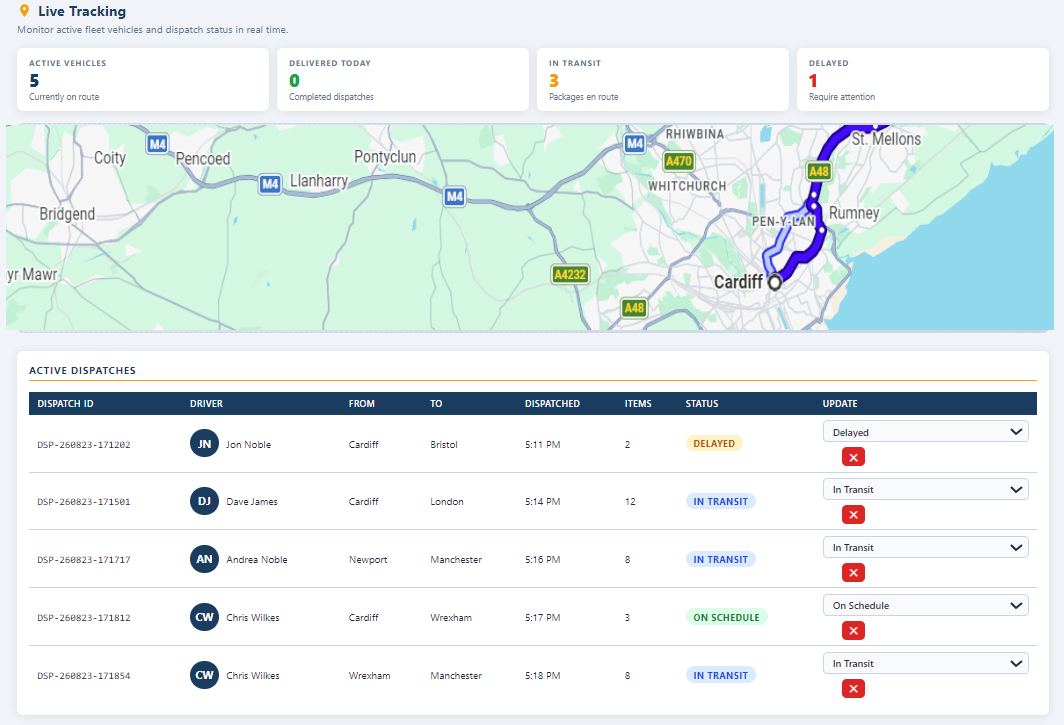 Live delivery tracking view for fleet dispatch status management