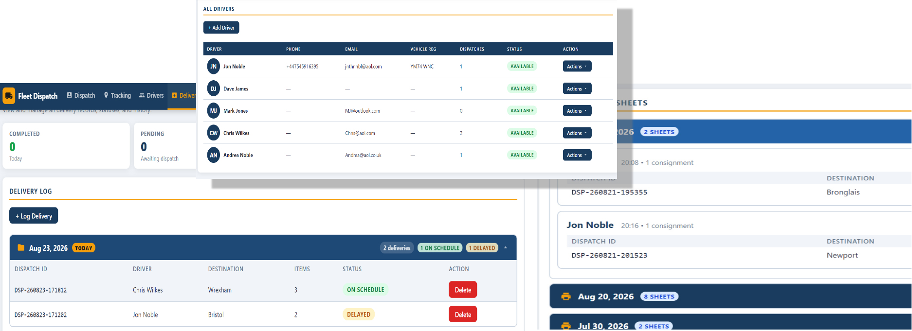 Fleet dispatch workflow showing delivery dispatch details and QR code output
