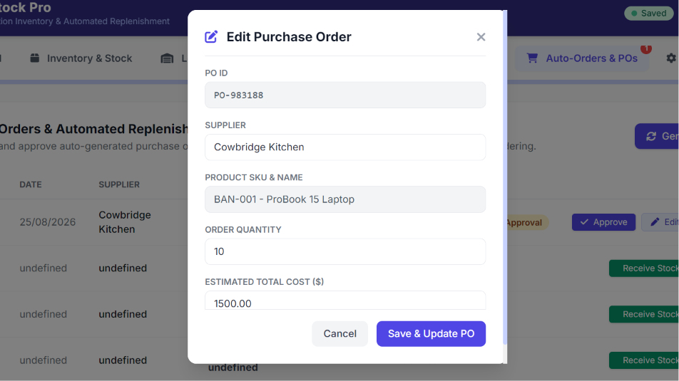 Supplier purchase order for replenishing warehouse inventory