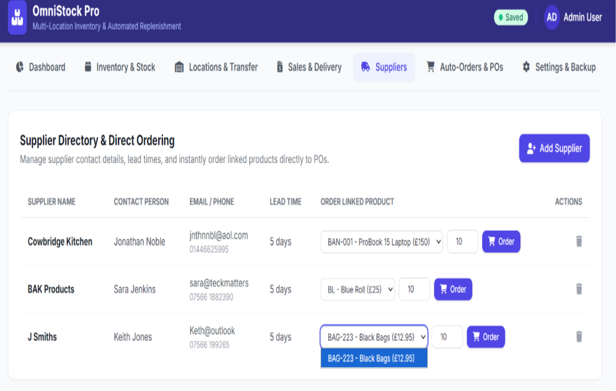 Supplier details and stock alert controls in Inventory Control software
