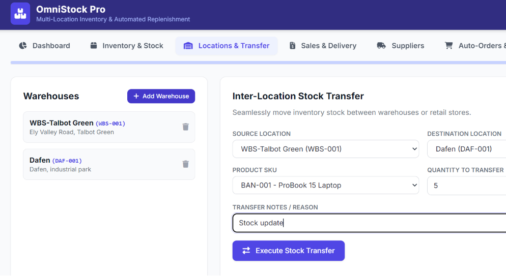 Warehouse inventory transfer record showing source, destination and stock quantity
