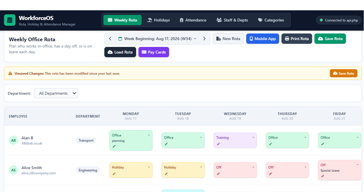 Staff rota planning workflow connecting schedules, leave, attendance and pay cards