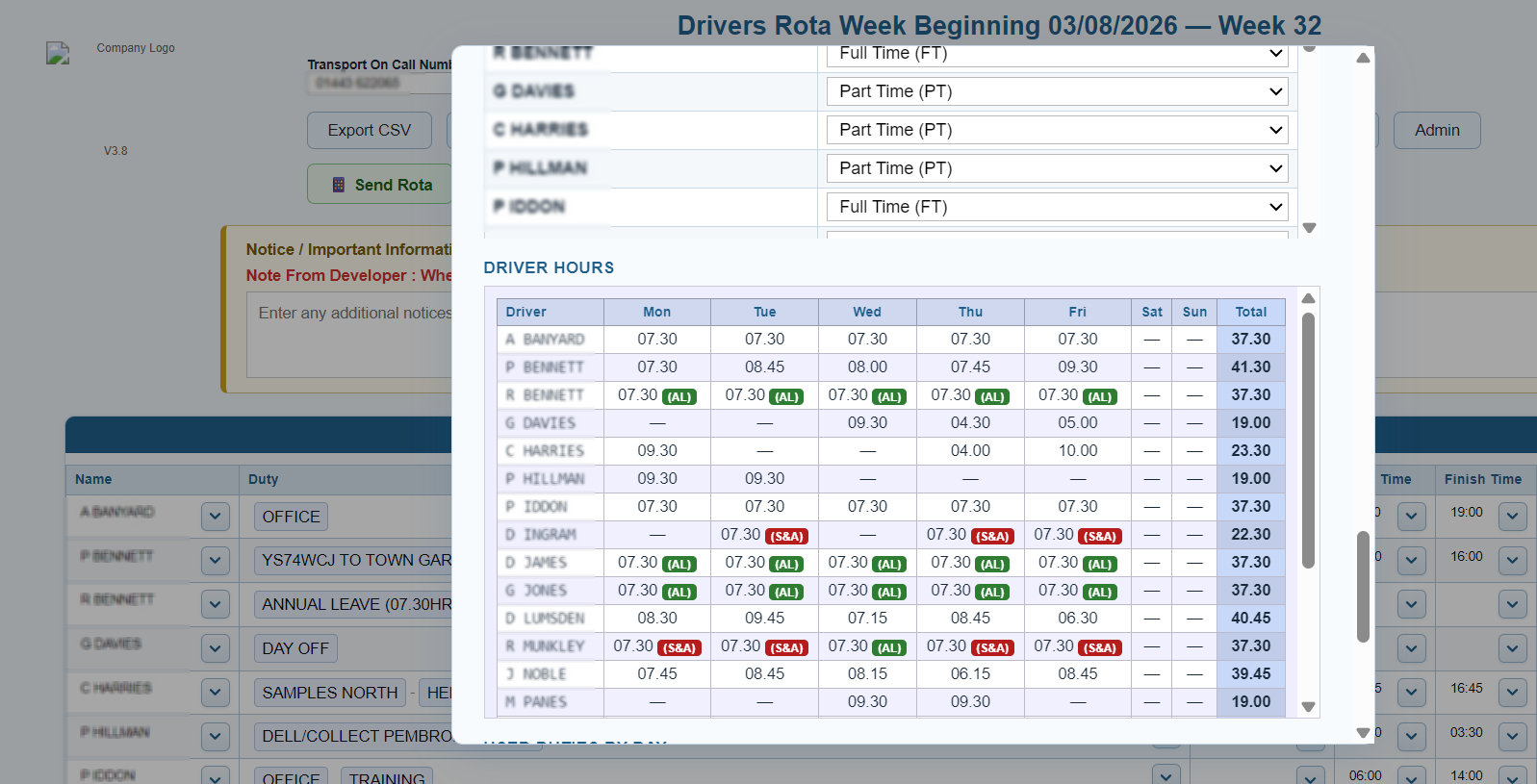 Pro Driver Rota Manager administration and reporting controls