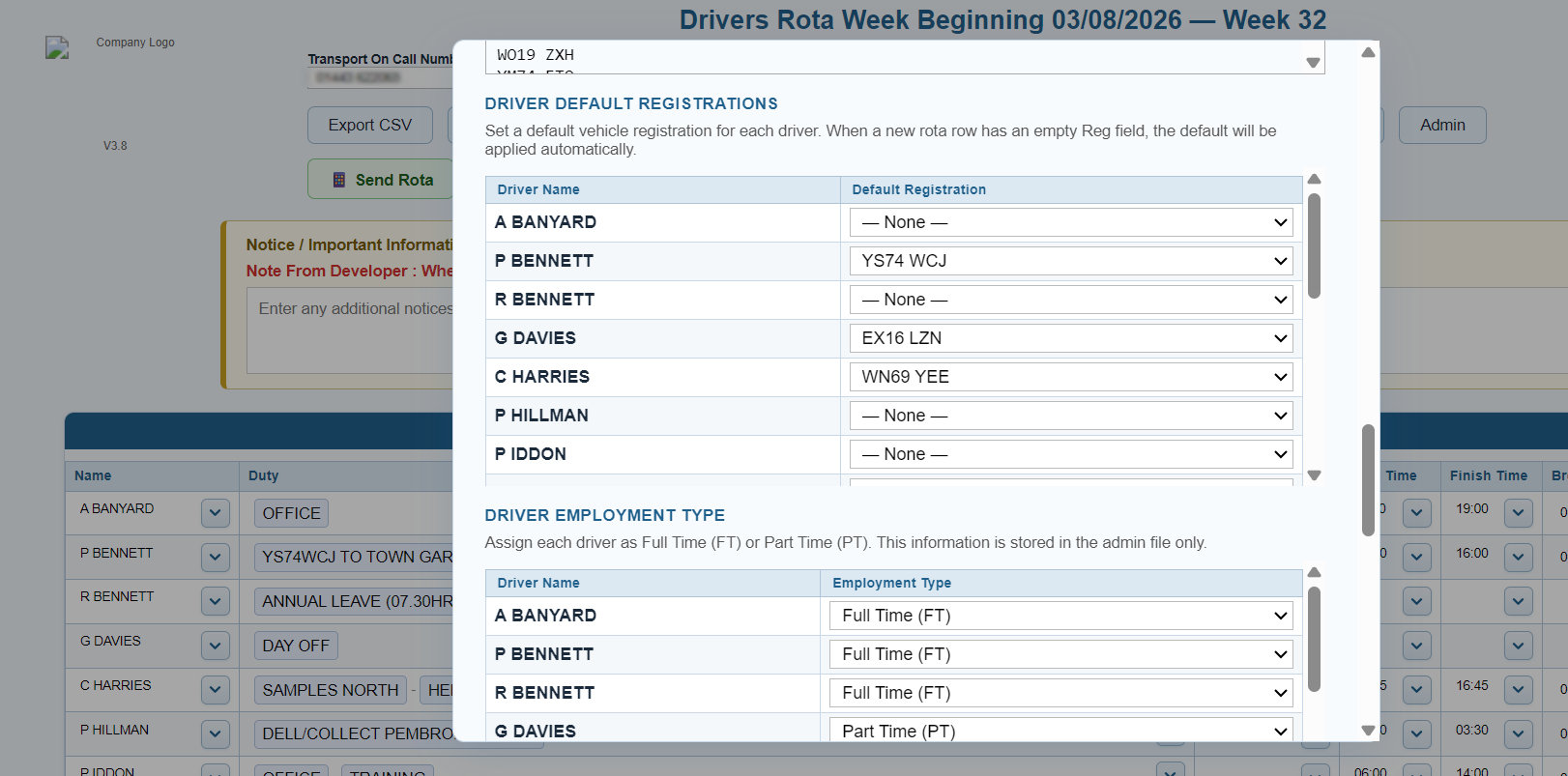 Driver rota mobile publication controls and access options