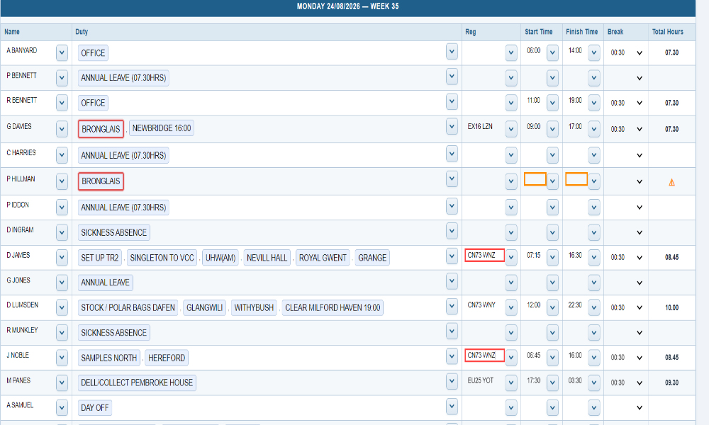 Driver rota validation showing duty and vehicle scheduling checks