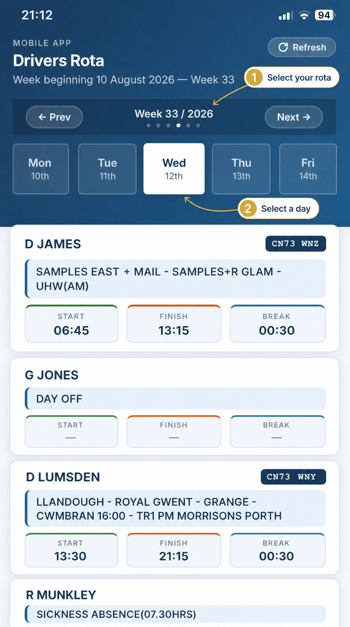 Mobile driver rota viewer showing the published weekly schedule