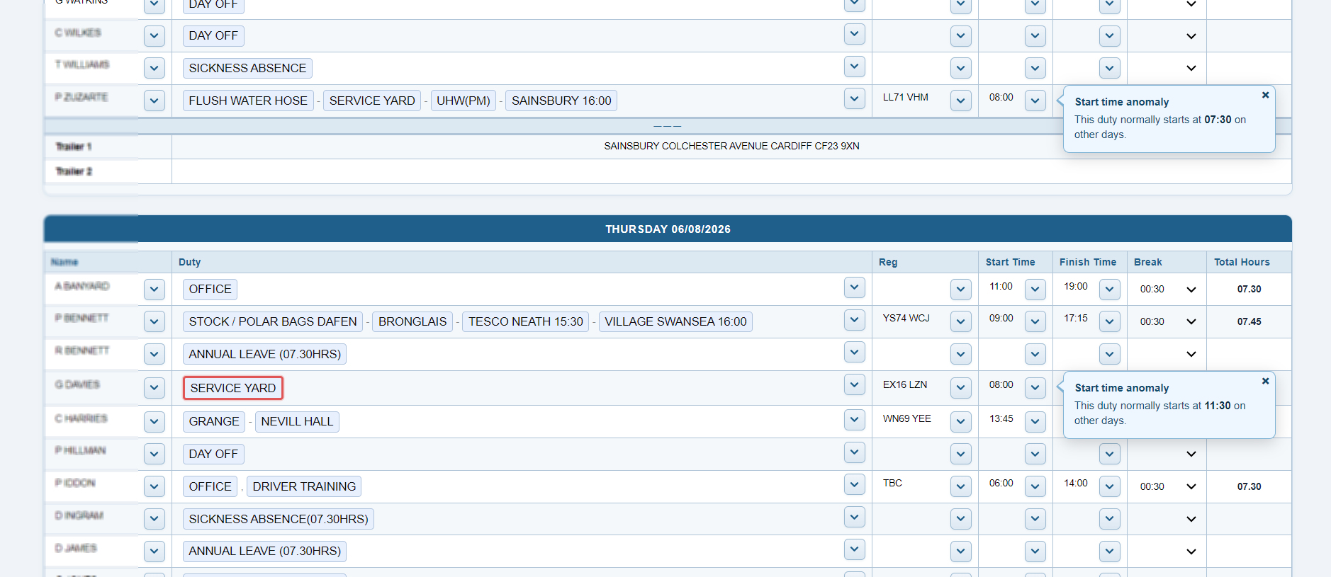 Pro Driver Rota Manager workspace with driver schedules, duties and vehicle assignments