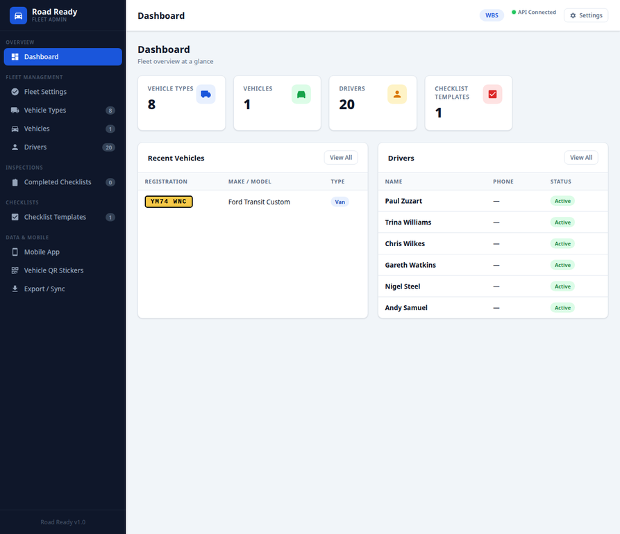 Road Ready fleet compliance dashboard showing vehicle statuses and driver activity